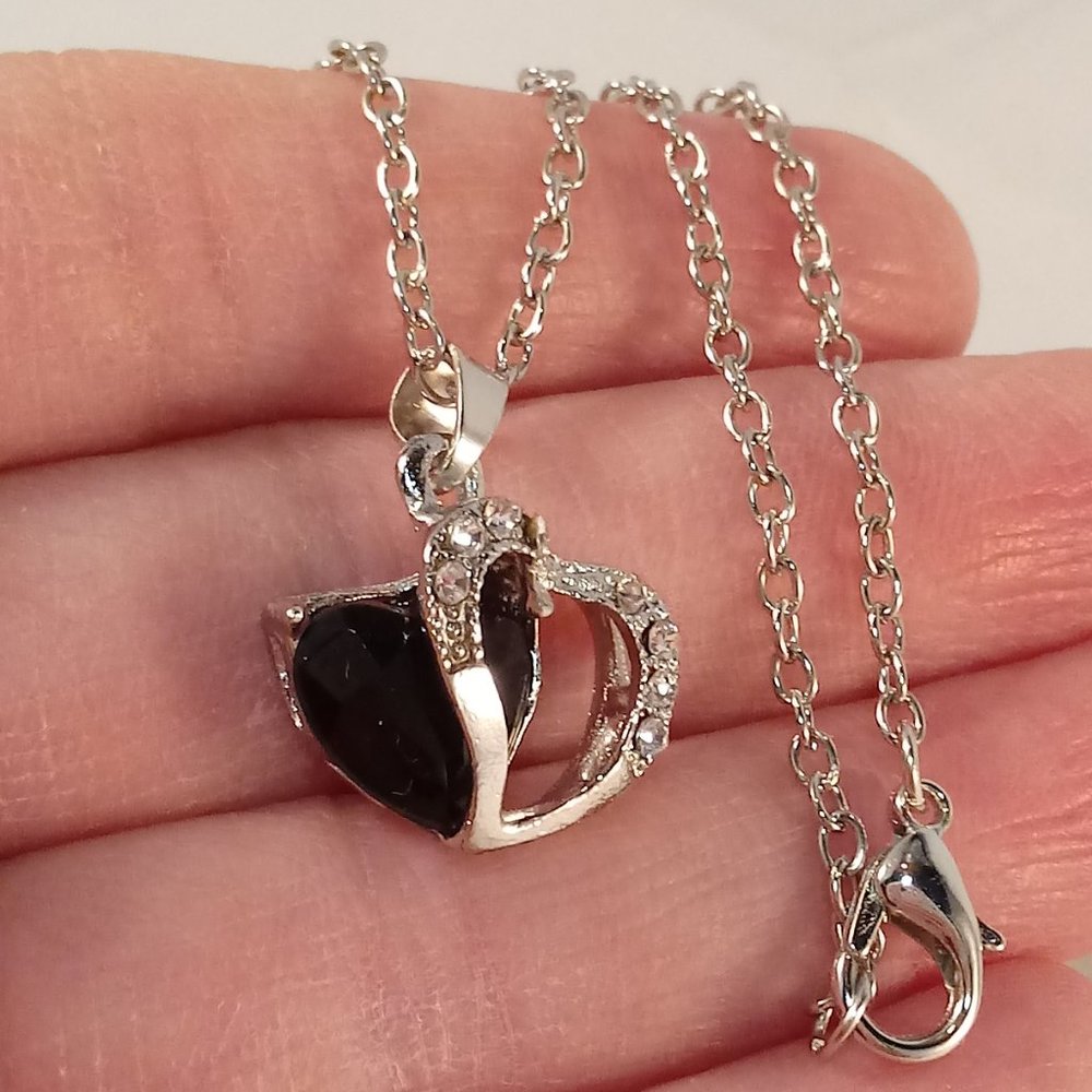 Silver Plated Black Onyx Diamond Zircon Heart Pendant Necklace 3.16ctw